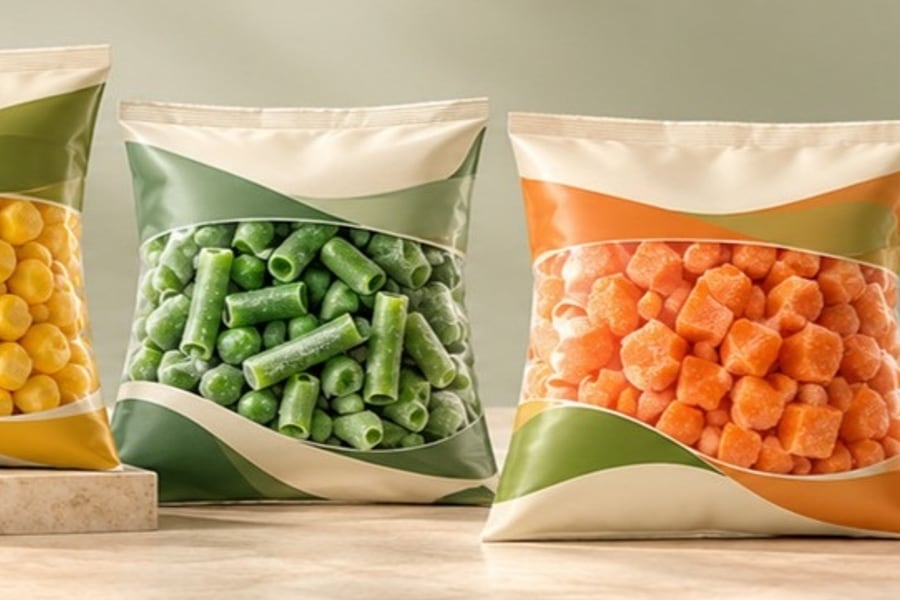 Retail bags of frozen peas, sweetcorn, beans, carrots and vegetable mixes