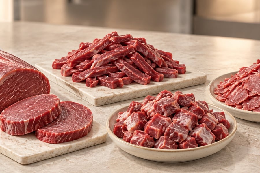 Vacuum-packed beef cuts, strips and diced beef on a light surface