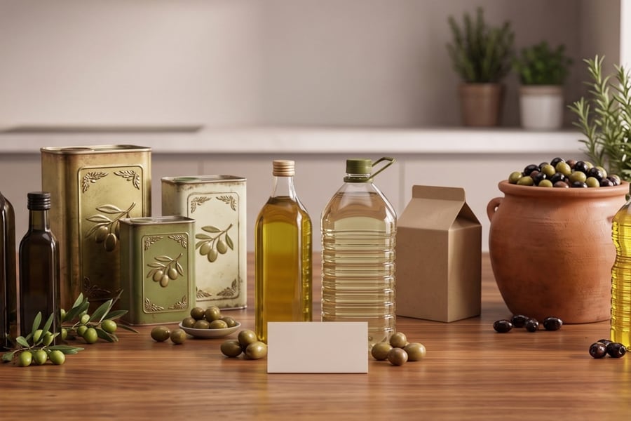 Olive oil in dark glass bottles, tins and PET containers