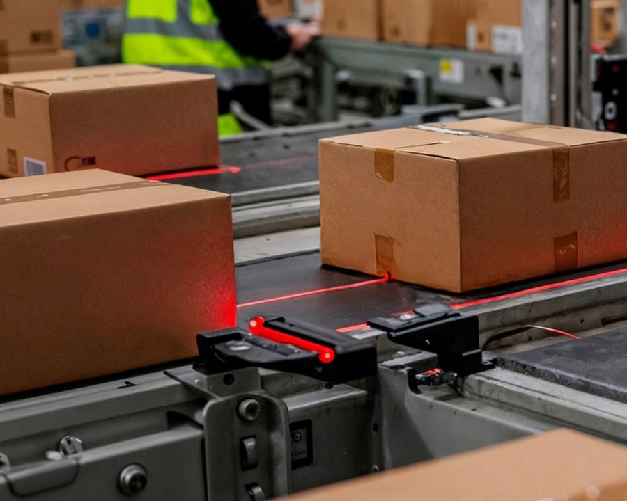 Cartons moving along a packing line and being scanned
