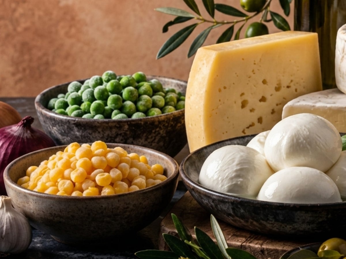 Cheese, olive oil and fresh produce arranged together