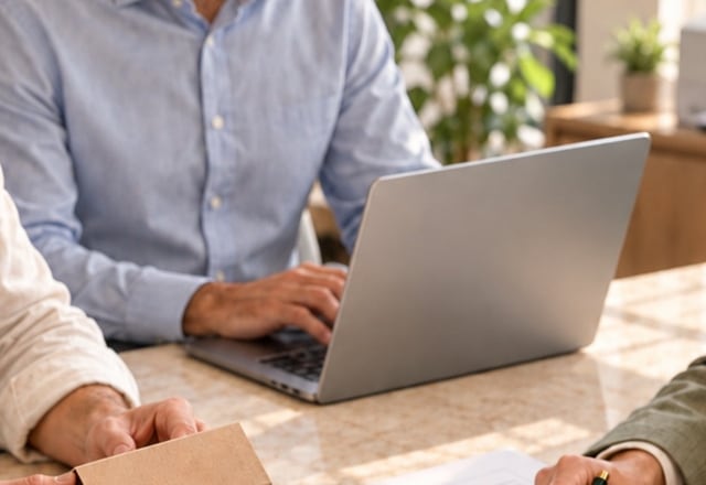 A buyer and a supplier reviewing a sample carton across a desk