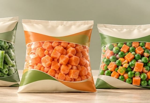 Retail bags of individually quick-frozen green beans, diced carrot and vegetable mix