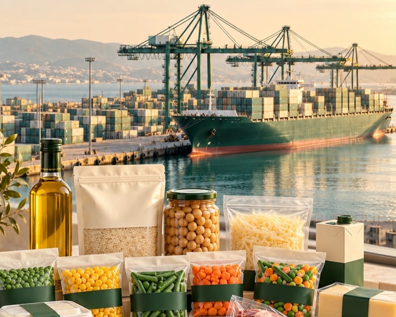 A container ship at a port terminal at dusk beside crated produce and packaged goods