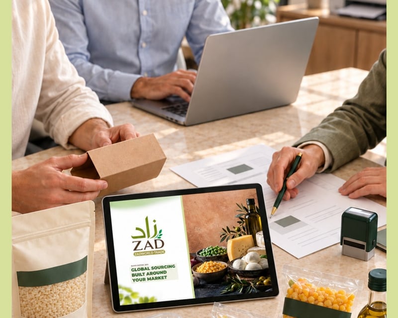 A packaging discussion at a desk, with sample packs and a brand presentation on a tablet