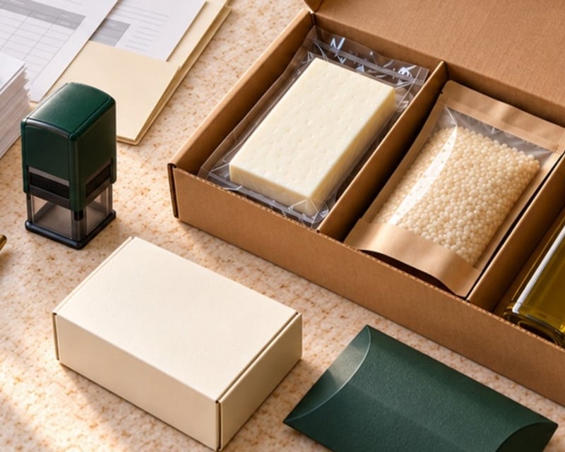 An unbranded sample box holding a cheese block, a grain pouch and a bottle of olive oil