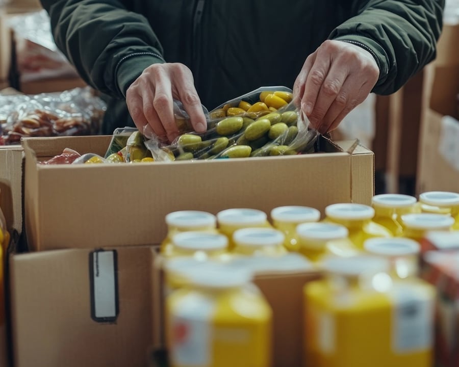 Bagged olives being packed into a carton beside cases of jars and bottles