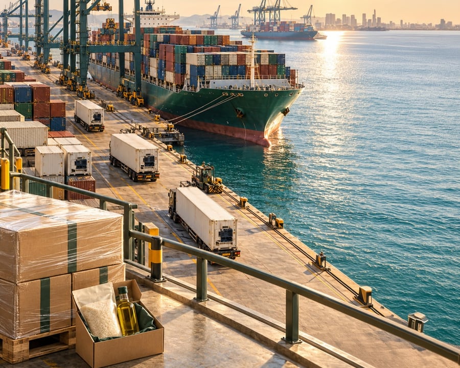 Palletised cartons on a container quay beside a loading ship